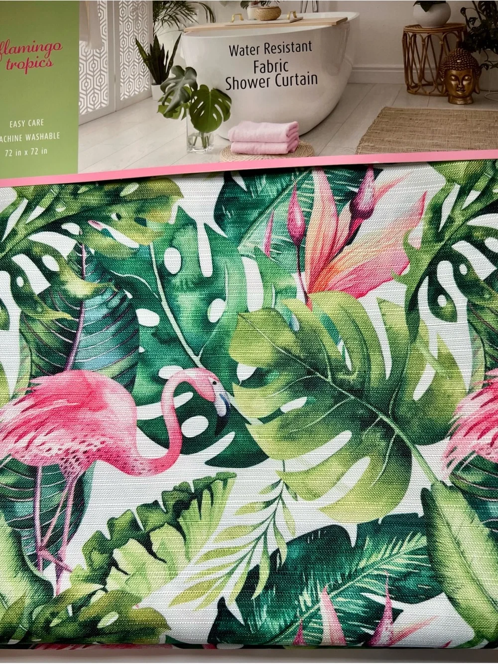 Flamingo Tropics Fabric Shower Curtain Tropical Pink Flamingos Green Leaves
